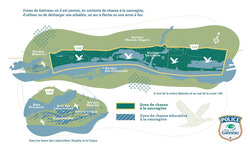 Légende de la photo : Carte des zones où la chasse à l'arc, à l'arbalète et aux armes à feu est légale à Gatineau. Photo : Ville de Gatineau