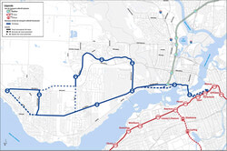 Le 15 mai, la Société de transport de l’Outaouais a présenté aux responsables de la Ville d’Ottawa différentes options d’insertion pour son projet de tramway. Sur la photo, la carte proposée par la STO pour un scénario de tramway uniquement le long des Allumetières/Wilfrid-Lavigne/Aylmer/Alexandre-Taché.