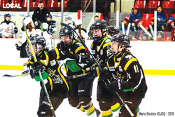L’équipe de hockey féminine de l’Outaouais en pleine action lors de la finale du tournoi des Jeux du Québec, le 9 mars. Photo : Mario Bastien