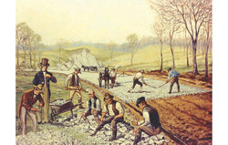  Macadam is a road surfacing technique developed by Scotsman John Loudon McAdam [1756-1836] around 1820. The process involves spreading successive layers of crushed stone of decreasing grain size, bound with sand and water, and compacted using steamrollers, onto a leveled and dried surface. The artistic work is by Carl Rakeman, 1823.