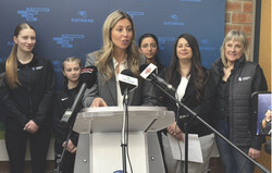 Mayor Maude Marquis-Bissonnette speaking to press about Unigym agreement, March 17. Photo: Jude Osmond