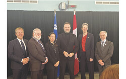 (From left to right) Mathieu Lévesque, MNA for Chapleau, Robert Buissière, MNA for Gatineau,  Suzanne Tremblay, MNA for Hull, Mathieu Lacombe, Quebec Minister of Culture and Communications, Minister responsible for the Outaouais Region and MNA for Papineau, Dr. Lesley Fellows, Vice-President (Health and Medical Affairs) and Dean of the Faculty of Medicine and Health Sciences at McGill, and Dr. Marc Bilodeau, President-Director General of the Outaouais CISSS (JO) Photo: Jude Osmond